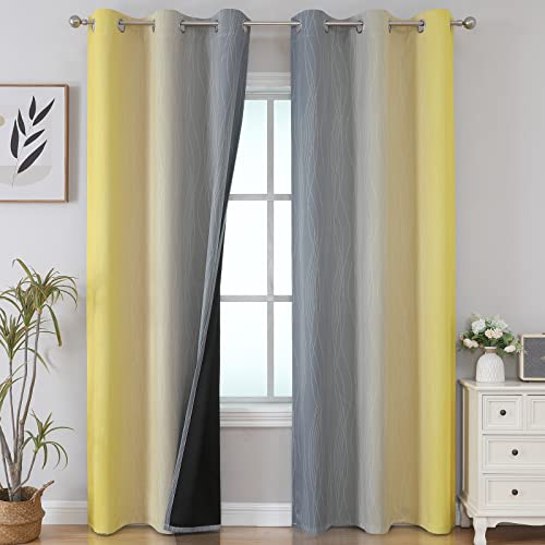 Grey and Yellow Blackout Curtains 84 Inch Length 2 Panels Set, 100% Blackout Curtains for Living Room, Thermal Insulated Gradient Drapes, Full Light Blocking Ombre Curtains for Boys Bedroom,42x84Inch