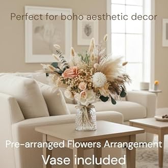 Luxury Floral Arrangement with Vase - Pampas Grass & Artificial Flowers for Kitchen Island, High End Centerpiece Decor, Coffee Table & Dining Table, Farmhouse Boho Home Decor with Dried Flowers