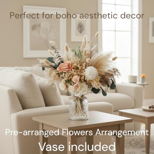 Luxury Floral Arrangement with Vase - Pampas Grass & Artificial Flowers for Kitchen Island, High End Centerpiece Decor, Coffee Table & Dining Table, Farmhouse Boho Home Decor with Dried Flowers