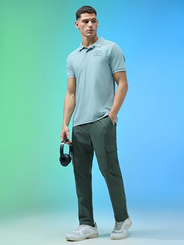 Image of TECHNOSPORT Men's Solid Straight Fit Cargo Pants TS Flexi 6 Pocket Polyester Quick Dry Elasticated Drawstring for Gym Travel Running Workout