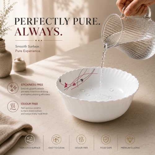 Image of Cello Lush Fiesta Dazzle Series Opalware Pudding Bowls Set of 7 Pieces White | 6 x 180ml Veg Bowls, 1 x 790ml Serving Bowl, Leadfree Microwave Safe Opal Glass Bowls Crockery Set for Dining & Gifting