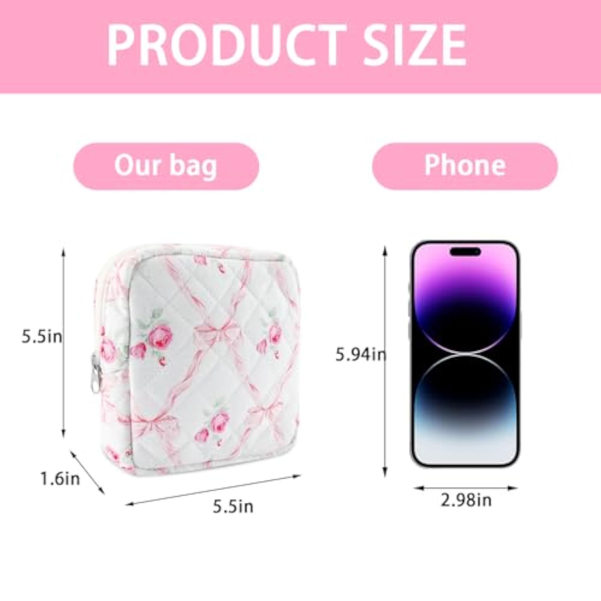 Small Makeup Bag for Purse, Mini Cotton Quilted Pouch, Pink Bow