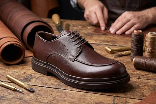 Image of Men's Black Leather Derby Shoes - Handmade Premium Design with Lightweight Comfort Sole