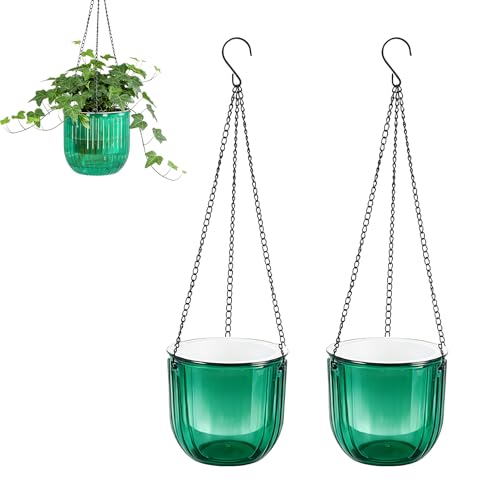 BAIFULAI Set di 2 vasi autoirriganti: 16,5 x 15 cm, per piante con catena da 46 cm, da appendere per interni, esterni, balconi, decorazione da parete (verde trasparente)