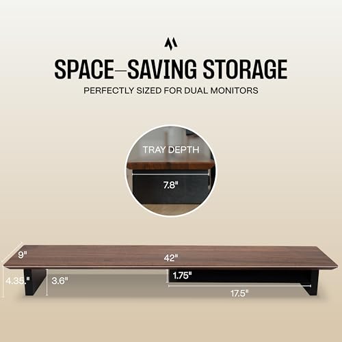 Image of COREMINDED Solid Wood Dual Monitor Stand Riser - 43 inch Walnut Desk Shelf for 2 Monitors with Tray & Wool Felt, Organizer for Desktop, Laptop and Office (Solid Walnut)