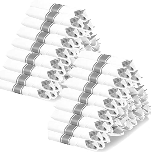 Silver Plastic Silverware with Napkins - 100 Pack Premium Disposable Silver Plastic Cutlery Set, Pre Wrapped Plastic Utensils with 100 Forks, 100 Knives, 100 Spoons, 100 Napkins for Wedding Party