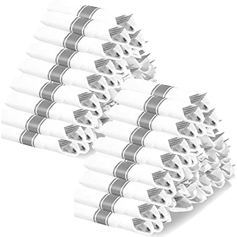 Silver Plastic Silverware with Napkins - 100 Pack Premium Disposable Silver Plastic Cutlery Set, Pre Wrapped Plastic Utensils with 100 Forks, 100 Knives, 100 Spoons, 100 Napkins for Wedding Party Cover