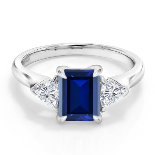 Gem Stone King 925 Sterling Silver Blue Created Sapphire and Lab Grown Diamond 3-Stone Engagement Ring For Women | 1.78 Cttw | Emerald Cut 8X6MM and Trillion 3.5MM | Available in Size 5,6,7,8,9