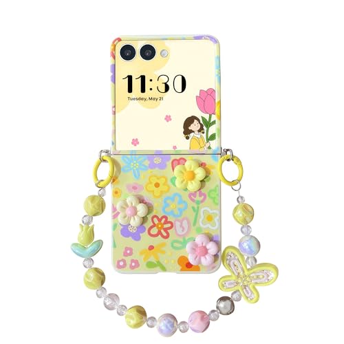 Coque Samsung Z Flip 7 avec chaîne antichoc et élégant motif floral jaune