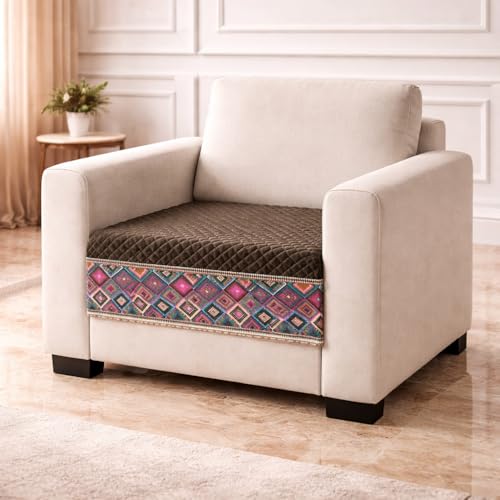 Image of KINGLY Sofa Cover for 1 Seater | Quilted Velvet Seat Cover | Anti-Slip Sofa Mat with Back Elastic | Thick Fabric Sofa Protector | Washable Couch Cover | Chocolate Brown