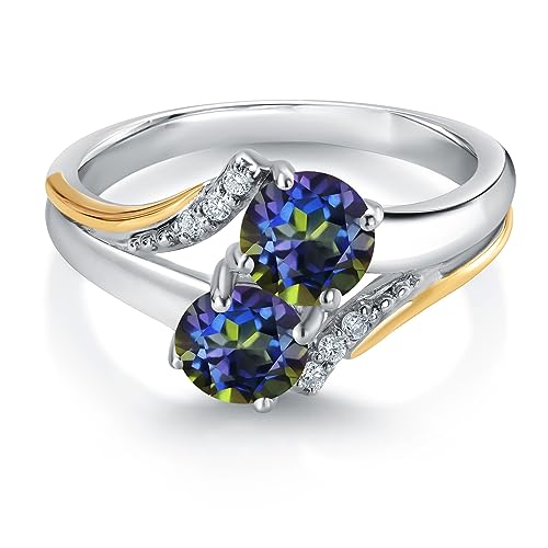 10K Yellow Gold and 925 Silver Blue Mystic Topaz and White Lab Grown Diamond Accent Engagement Ring For Women (1.03 Cttw, Gemstone November Birthstone, Round 5MM, Available in Size 5,6,7,8,9)2