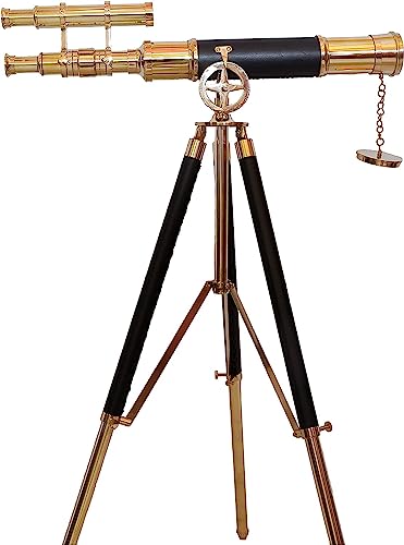 Vintage Double Barrel Brass Nautical High Magnification Telescope Adjustable Brass Leather Tripod Stand Scope