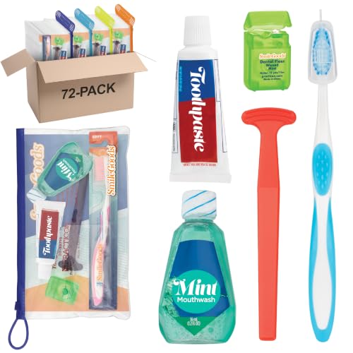 Image of Practicon 101737 SmileGoods Adult Super Deluxe Dental Care Kit with Toothbrush, Toothpaste, Floss, Tongue Cleaner and Mouthwash, Pack of 72