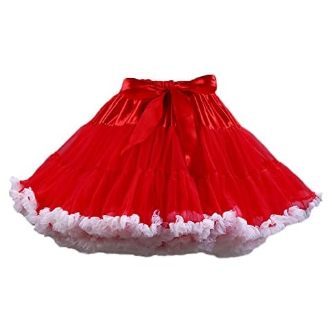 PhilaeEC Women's Tulle Petticoat Tutu Party Multi-Layer Puffy Cosplay Skirt, Red+white, Length 40cm , waist 56-100cm Cover