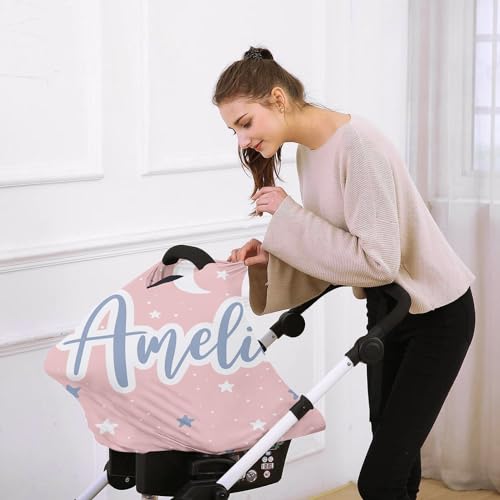 Image of Custom Car Seat Covers for Babies - Breathable Baby Car Seat Cover for Girls Boys, Pink Moon Kick-Proof Newborn Carrier Canopy Stretchy Stroller Cover for 4 Seasons
