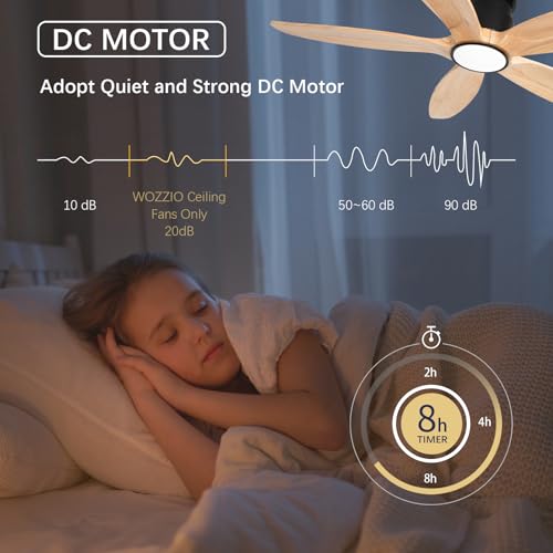 Wozzio Wood Ceiling Fan with Lights, 52Inch Flush Mount Ceiling Fan with Remote Control, 5 Blades, DC Motor,3CCT,Natural Wooden Ceiling Fans for Bedroom, Living Room, Home Office,Indoor by Wozzio - Used condition - Image 7