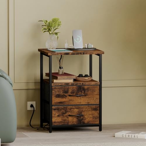 Image of Fixwal Rustic Brown Night Stand with Charger Station, Nightstand with Charging Station & Fabric Drawers