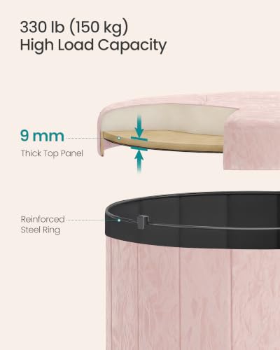 Image of SONGMICS Mazie Collection - Round Storage Ottoman, Folding Footrest Stool with Removable Lid, Easy Assembly, PU Leather Vanity Stool for Bedroom, Living Room, Entryway, Jelly Pink ULSF609SA01
