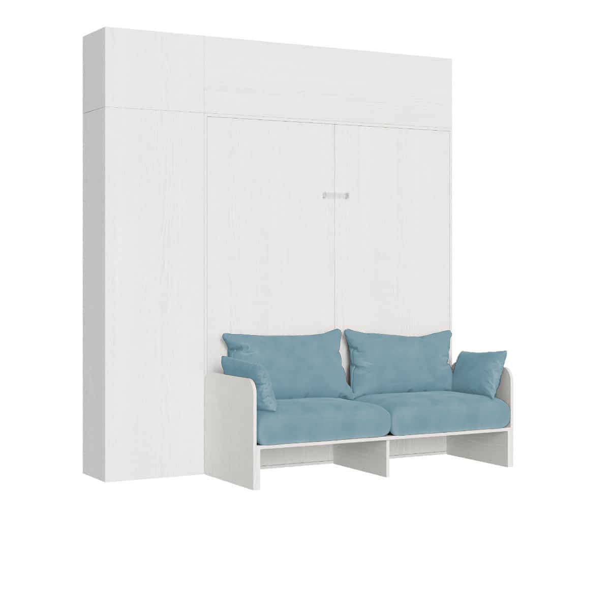 Itamoby Kentaro 160 - Cama doble retráctil con sofá y muebles blanco fresno, azul claro