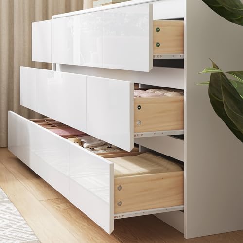 Image of White Dresser for Bedroom, 60.2 inch W High Gloss Large 9 Drawers Dressers with Handle Free, Wide High Gloss Chest of Drawers Large, Long Modern Storage Drawer Dresser for Bedroom, Living Room