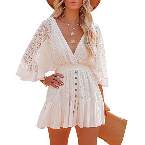 XIXIMAON Robe Été Dentelle Femme Sexy à Col V Dos Nu Robe Courte Bohème à Manches Évasées Robe Plissée Élégante pour Plage Soirée (XL, Blanc)