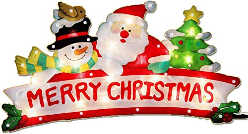 Christmas Window Decoration - Glitter Snowman Santa Merry Christmas Sign With 20 Lights Double Sided