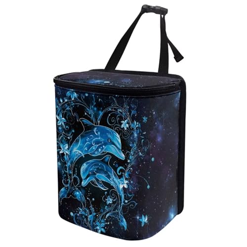Image of Talayituse Galaxy Dolphin Floral Print Car Trash Can Portable Auto Garbage Bin Multifunctional Vehicle Interior Accessories with Adjustable Straps Universal Fit Truck SUV Sedan