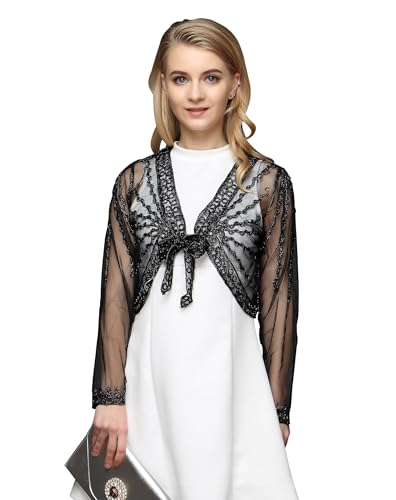 Women’s Mesh Bolero Shrug,Long Sleeve Formal Shrug Sheer Cardigan for Dress,Sheer Jacket Open Front Mesh Crop Top,Small