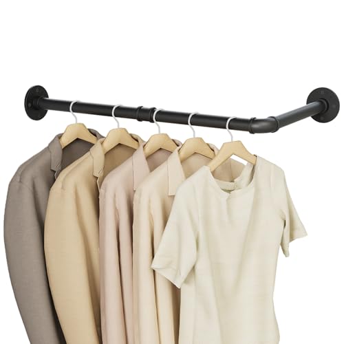 YheenLf Kleiderstangen L form, Industrial Kleiderstange Wandmontage, Kleiderständer Kleiderschrank, Garderobenstange Wand für Bad Flur Küche, 60x30cm, Schwarz