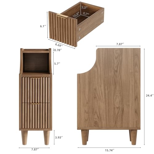 Image of Fluted Nightstands Set of 2,Narrow Bedside Table with 2 Drawers & Storage, Farmhouse Walnut End Table Modern Side Table for Bedroom Livingroom Sofa Office