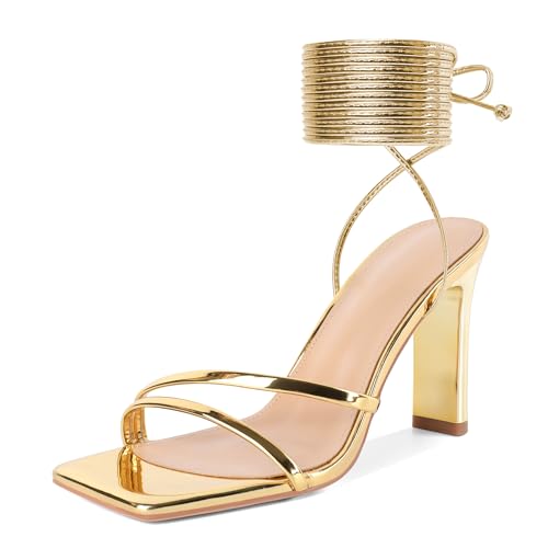 Image of Joseywade Chunky Heels For Women Lace Up Tie Up High Heel 3.5 inch Heeled Sandals Open Toe Shoes