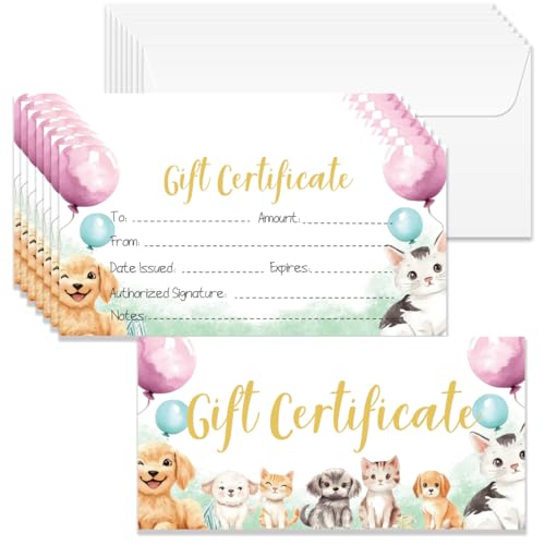 Doodlream 40 Sets Cute Cat Dog Cards Gift Certificate for Business, 6.6x3.3 Inch Blank Gift Cards Certificates with Envelopes, Vouchers for Holiday, Birthday, Restaurant, Spa Beauty Makeup Hair Salon