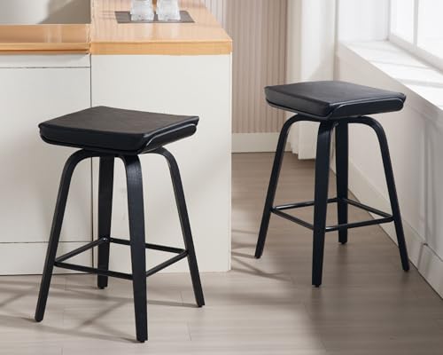 Image of 26 inch Swivel Bar Stools Set of 2, Backless Counter Height Bar Stools with Removable Faux Leather Cushion, 360 Swivel Wooden Saddle Stools with Footrest for Kitchen Island, Home Bar, Small Spaces, Black