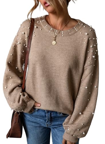 Image of Pearl Sweater for Women Lantern Sleeve Drop Shoulder Crewneck Sweatshirt Knit Chunky Pullover Sweaters with Pearls