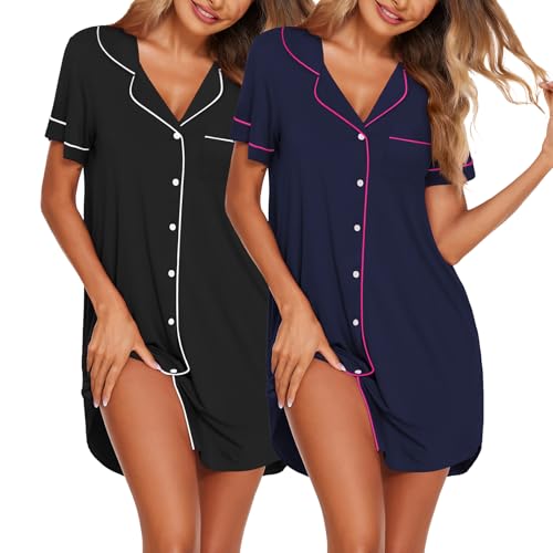 Image of Ekouaer Nightgowns for Women 2 Pack Button Down Sleepwear Short Sleeve Sleepshirts Soft Nightshirts Boyfriend Pajama Dress