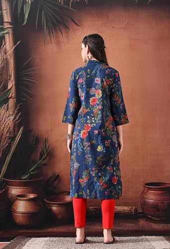 Image of Ichaa Women's Pure Cotton A-Line Ethnic V-Neck Kurta with 3 /4th Sleeve for Daily and Office Wear, in Plus Sizes