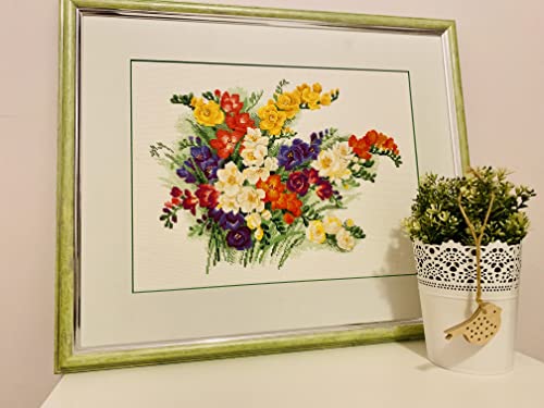 Image of RIOLIS - Freesia 1561, Floral Cross Stitch Kits 15 inchx11, Cross Stitch Kits for Beginners & Advanced, Crossstitching Kits Adult, Counted Stitching Kits, Flowers Embroidery Kit