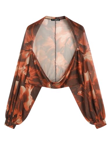 ZAFUL Y2K Bolero Fall Long Sleeve Cardigan Cropped Open Front Shrug 2026 Sweater Women (Orange Floral M) — view 3