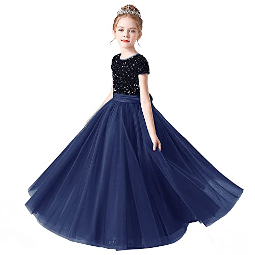 Little Girl Party Dress Wedding Navy Bridesmaid Sequins Tulle Puffy Skirt Girls Birthday Party Pageant Gown Floor Length Navy 14 #TOP5
