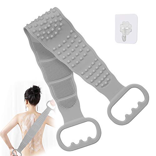 Silicone Back Scrubber，Exfoliating Long Double Side Silicone Body Back Brush，Spa Massage Skin Care Tool，Body Scrubber With Handle for Men and Women Long Lasting and Easy to Clean (Gray)