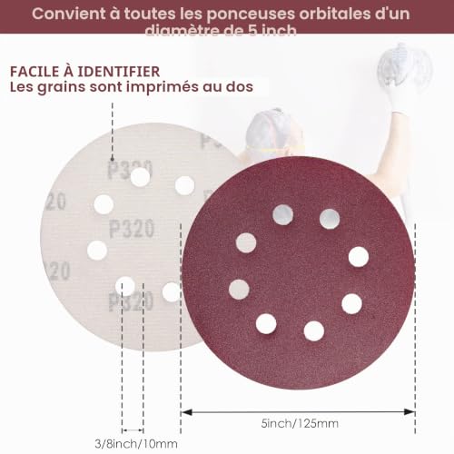 STEBRUAM 100PCS Disque de Ponçage 125mm Grain 320, Disques a Poncer Papier Abrasifs 8 Trous Idéal pour Poncer/Polir pour Ponceuse Excentrique – vue 2