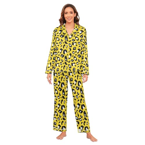JHKKU Women's Yellow Leopard Print Satin Pajamas Set V Neck Button