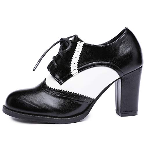 Odema Botas de cano curto femininas de salto alto Oxford com cadarço e ponta de asa, Black/White, 8.