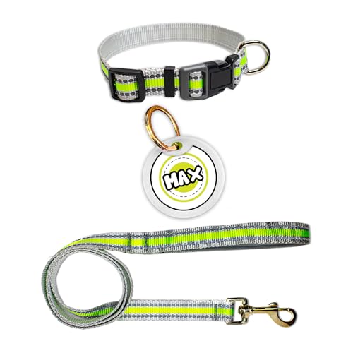 Image of Pawsindia Leash and Collar with Name Tag for Dogs, Reflective Green 0.75 Inche Width Adjustable Collar and 4 Feet Heavy Duty Leash with Customize Nametag
