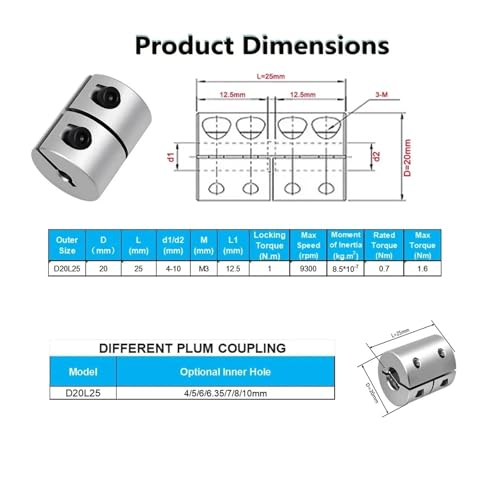 Accouplement rigide aluminium D20L25, solution contre le jeu mécanique d'axe 8mm à 10mm