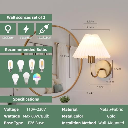 Image of Brushed Brass Wall Sconces Sets of 2 With White Pleated lampshade, Indoor Gooseneck Gold Wall Lamp Lighting, Bathroom Dresser Hardwired sconces wall decor Fixture for Living Room Bedroom Dining Room