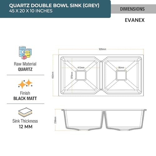 Image of EVANEX Quartz Kitchen Sink|Double Bowl Sink for Kitchen|Topmount /Undermount Kitchen Sinks|Grey Double Sink with Connector, Waste Pipe, Coupling and Drain Basket|45x20x9 Granite Kitchen Sinks
