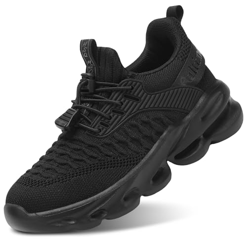Fulkid Kids Girls Boys Tennis Shoes Lightweight Boys Sneakers Breathable Girls Tennis Shoes with Bungee Lace Sneakers for Girls Black Size 3