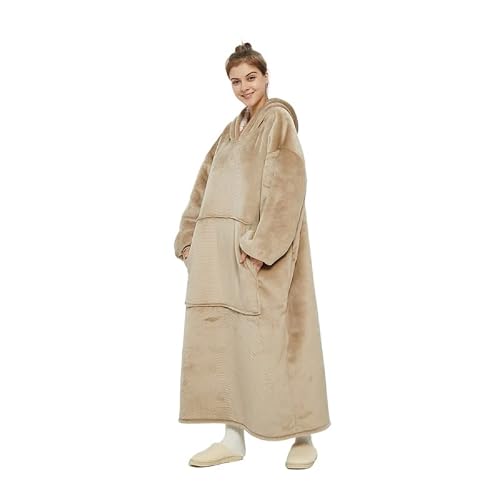 ALIBRAHIM Extra Long Oversized Blanket Hoodie for Women and Men, Super Soft Warm and Cozy Wearable Sweatshirt Hoodie for Adults - Thick Flannel Blanket with Sleeves and Giant Pocket-Khaki