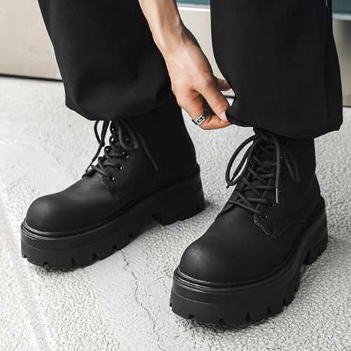 Men's Black Leather Lace-up Platform Combat Boots Retro Wide Toe Side Zipper Comfort Chunky Heel Lug Sole High Top Biker Ankle Booties4